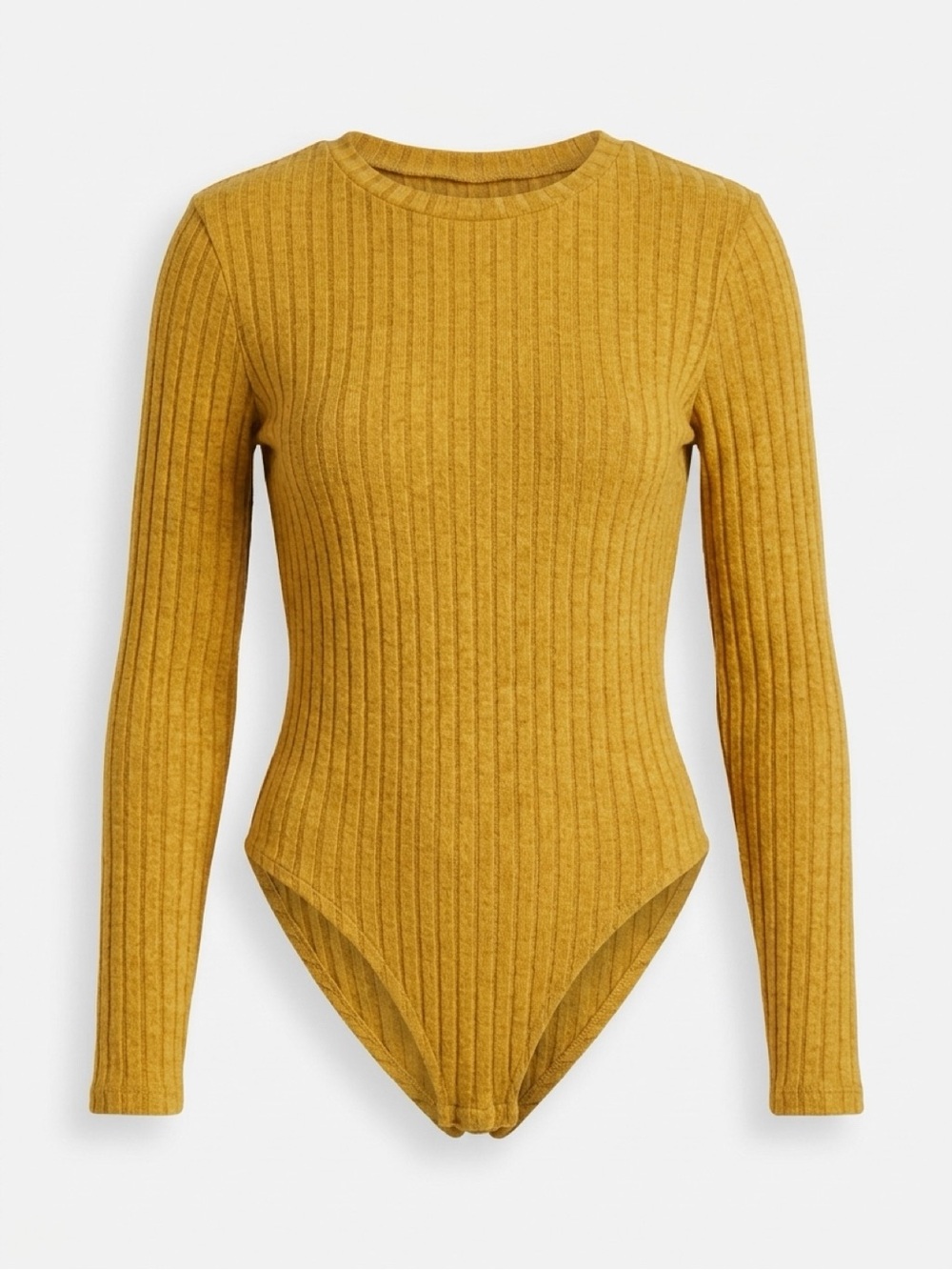 3 Amazon Essentials Ribbed Long-Sleeve Bodysuit in Mustard, black, and blue.